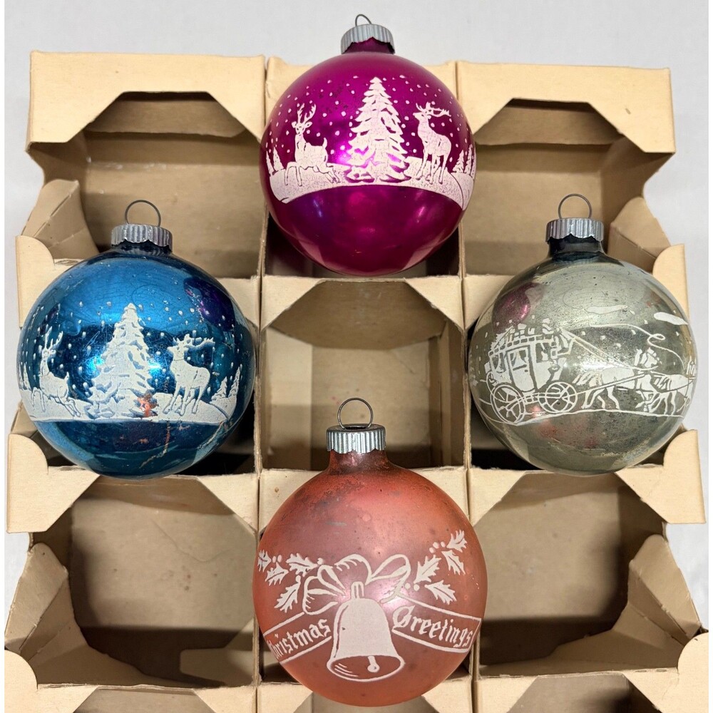 4 Vtg Shiny Brite Christmas Ornaments Stenciled Pink Snowy Scene Greetings Lot